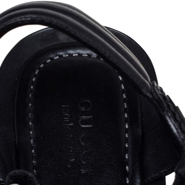 Pre Owned Gucci Black Leather and Canvas Web Ankle Strap Flat Sandals Size 42