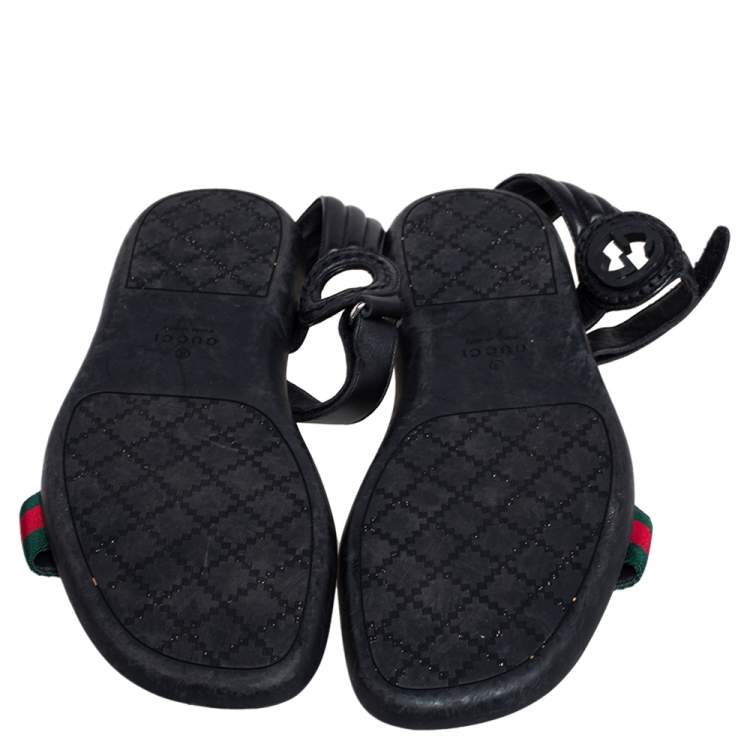 Pre Owned Gucci Black Leather and Canvas Web Ankle Strap Flat Sandals Size 42