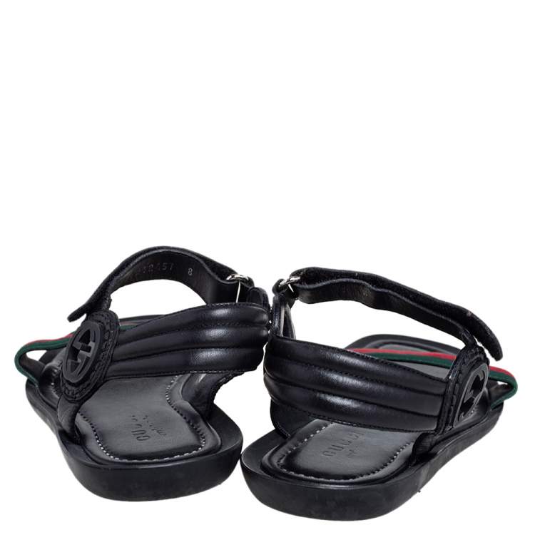 Pre Owned Gucci Black Leather and Canvas Web Ankle Strap Flat Sandals Size 42