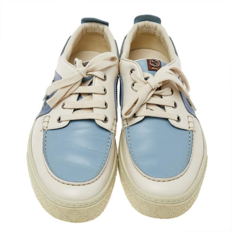 Pre Owned Gucci White/Blue Leather Low Top Sneakers Size 42.5