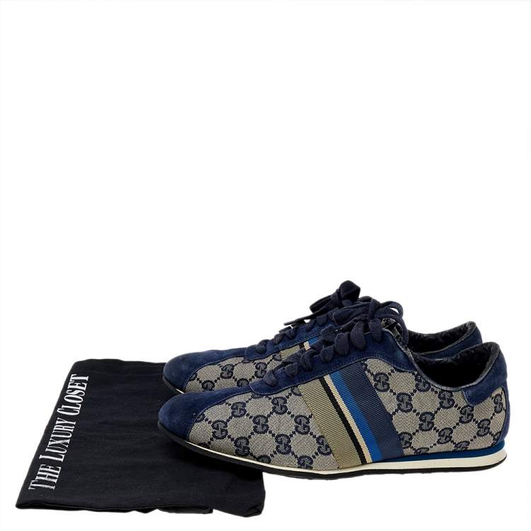 Pre Owned Gucci Blue/Beige GG Canvas And Suede Low Top Sneakers Size 39.5