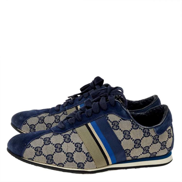 Pre Owned Gucci Blue/Beige GG Canvas And Suede Low Top Sneakers Size 39.5