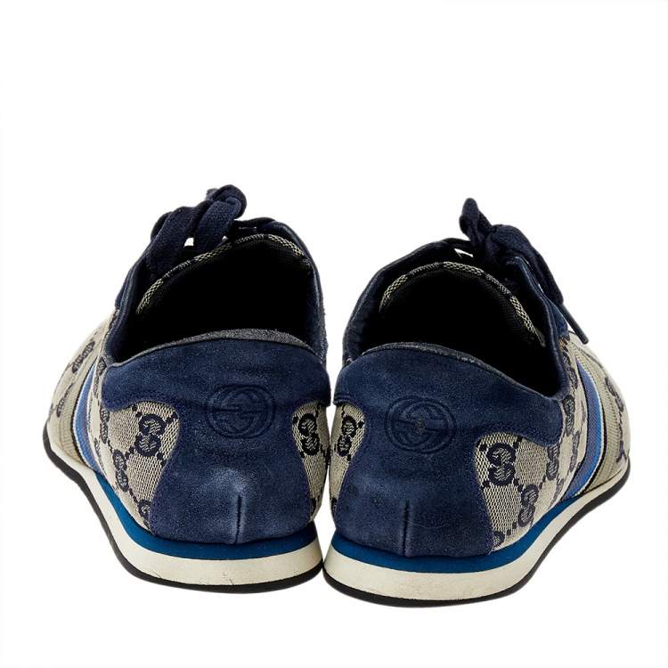 Pre Owned Gucci Blue/Beige GG Canvas And Suede Low Top Sneakers Size 39.5