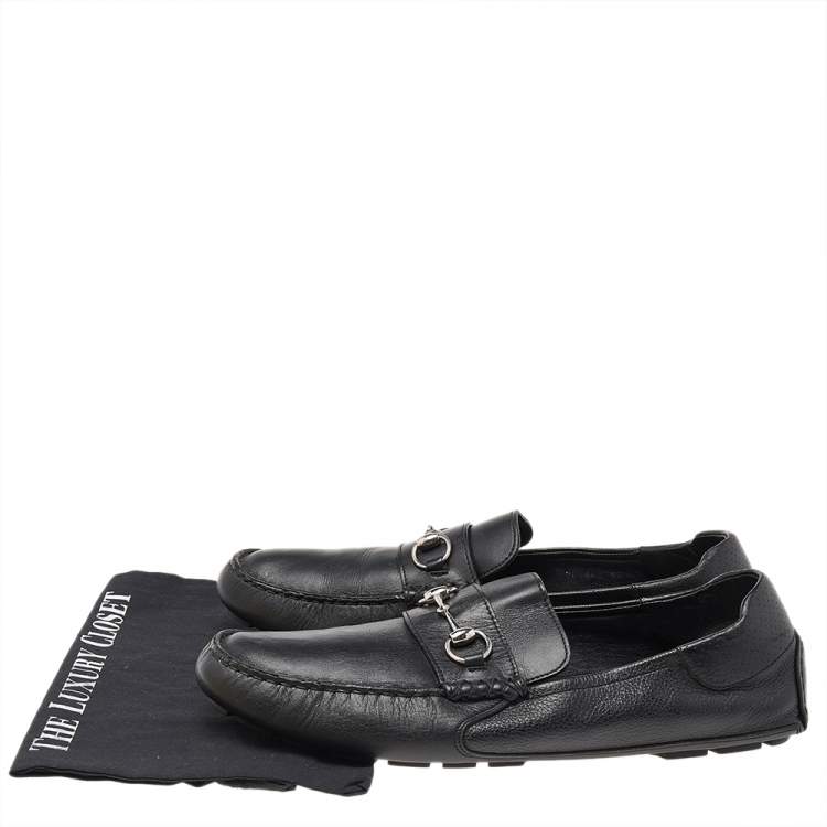 Pre Owned Gucci Black Leather Horsebit Slip On Loafers Size 46.5