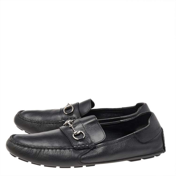 Pre Owned Gucci Black Leather Horsebit Slip On Loafers Size 46.5