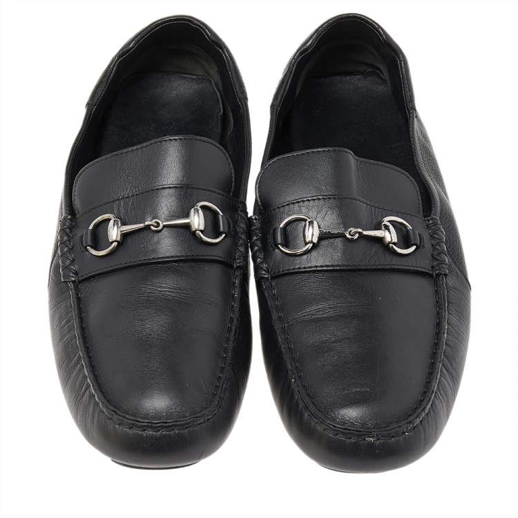 Pre Owned Gucci Black Leather Horsebit Slip On Loafers Size 46.5