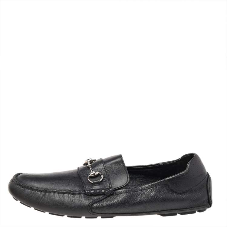 Pre Owned Gucci Black Leather Horsebit Slip On Loafers Size 46.5