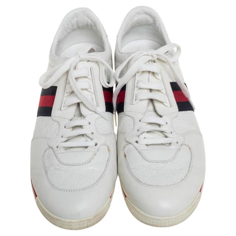 Pre Owned Gucci White Microguccissima Leather Web Detail Lace Up Sneakers Size 46