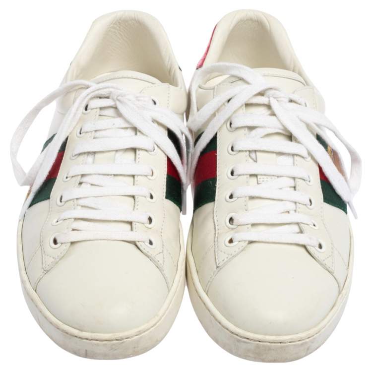 Pre Owned Gucci White Leather Web Ace Low Top Sneakers Size 40.5