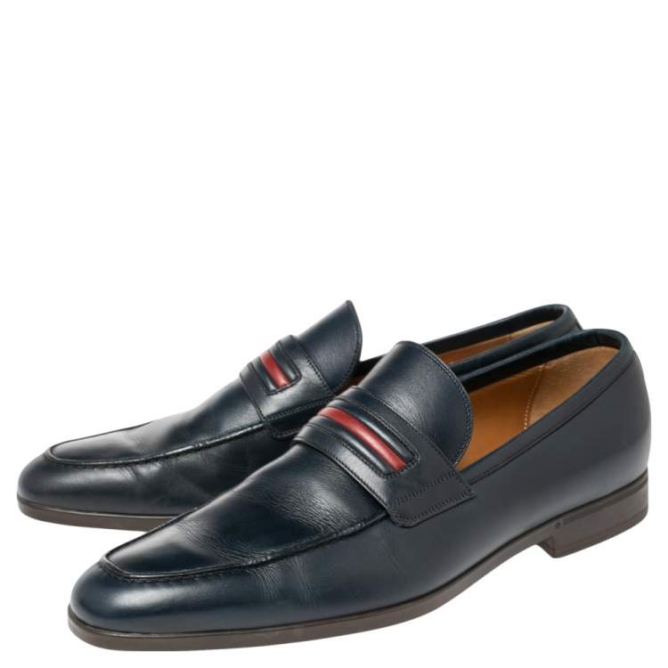 Pre Owned Gucci Blue Leather Signature Web Loafers Size 41