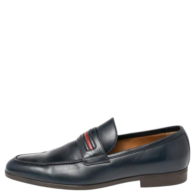 Pre Owned Gucci Blue Leather Signature Web Loafers Size 41
