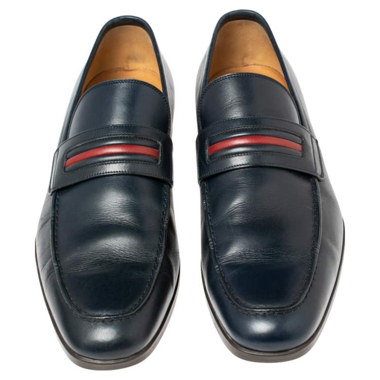 Pre Owned Gucci Blue Leather Signature Web Loafers Size 41