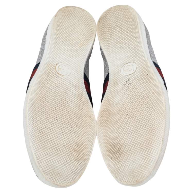 مملوكة مسبقًا Gucci Silver Glitter Leather Bambi Web Sneakers Size 45.5