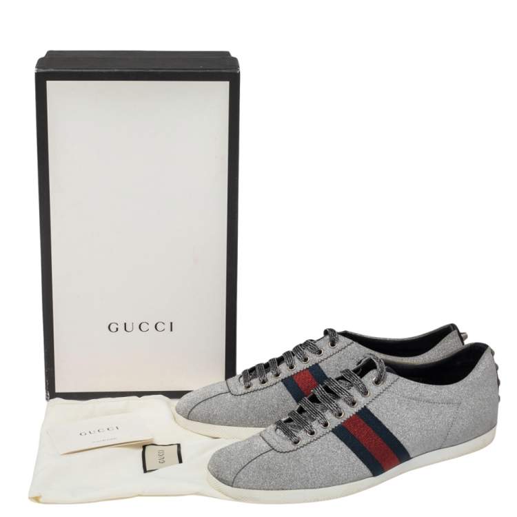 مملوكة مسبقًا Gucci Silver Glitter Leather Bambi Web Sneakers Size 45.5