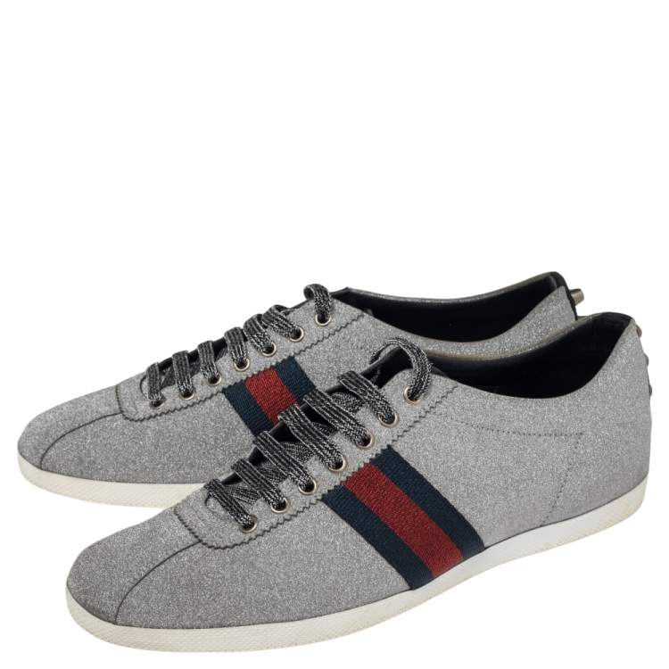مملوكة مسبقًا Gucci Silver Glitter Leather Bambi Web Sneakers Size 45.5