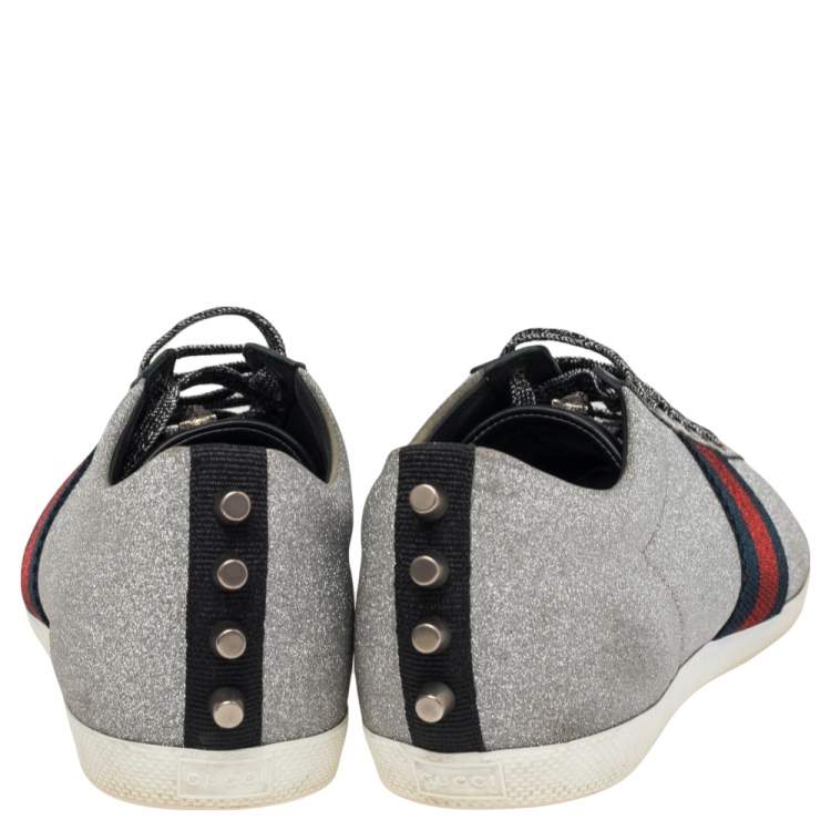 مملوكة مسبقًا Gucci Silver Glitter Leather Bambi Web Sneakers Size 45.5