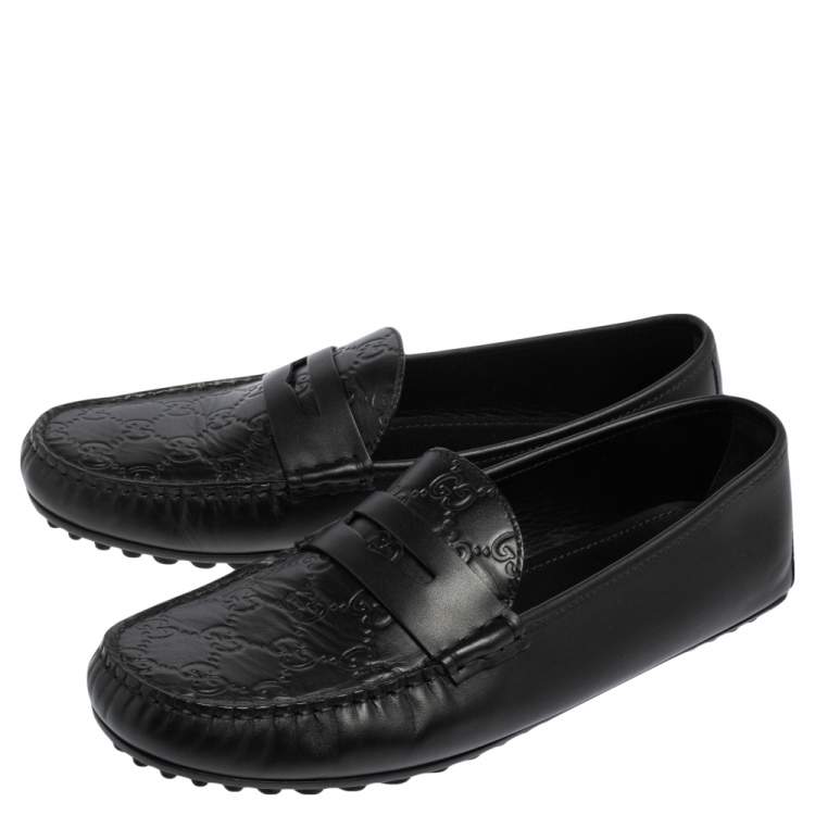 Pre Owned Gucci Black Guccissima Leather Slip on Loafers Size 42.5