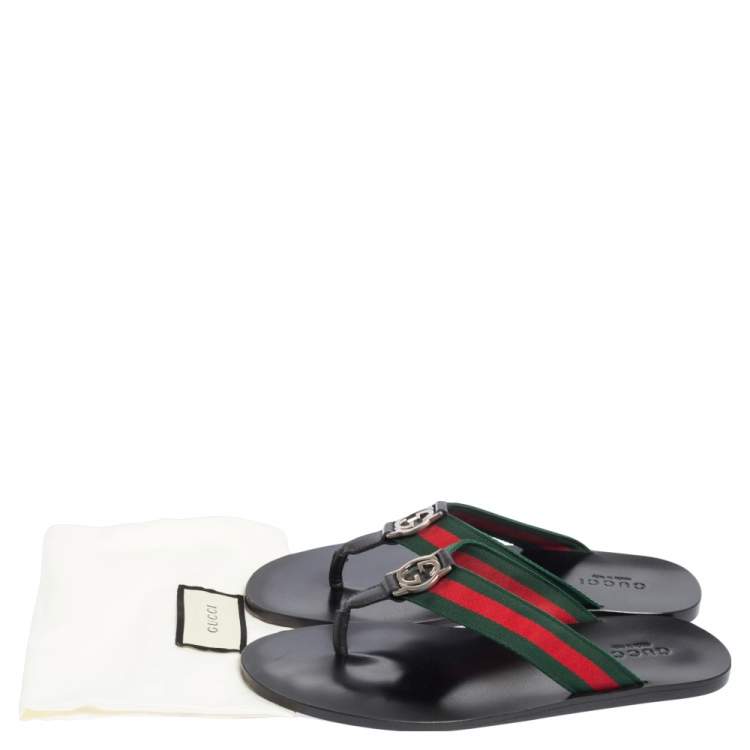 Pre Owned Gucci Black Leather And Web Strap Interlocking "GG" Thong Sandals Size 42.5