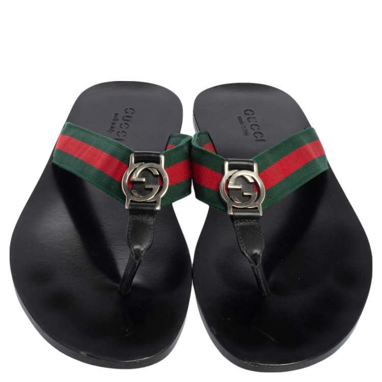 Pre Owned Gucci Black Leather And Web Strap Interlocking "GG" Thong Sandals Size 42.5
