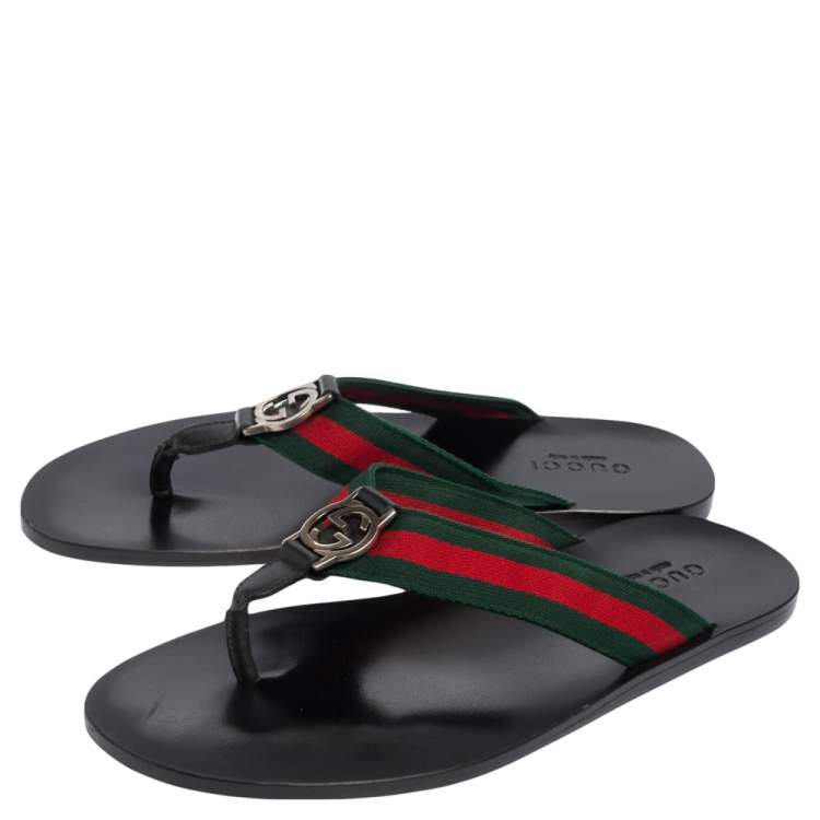 Pre Owned Gucci Black Leather And Web Strap Interlocking "GG" Thong Sandals Size 42.5