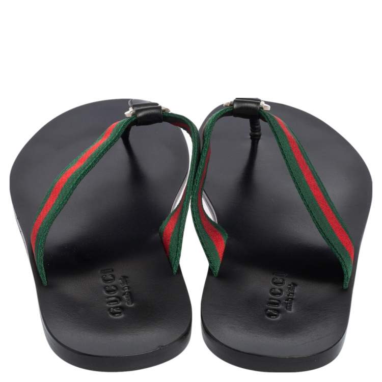 Pre Owned Gucci Black Leather And Web Strap Interlocking "GG" Thong Sandals Size 42.5