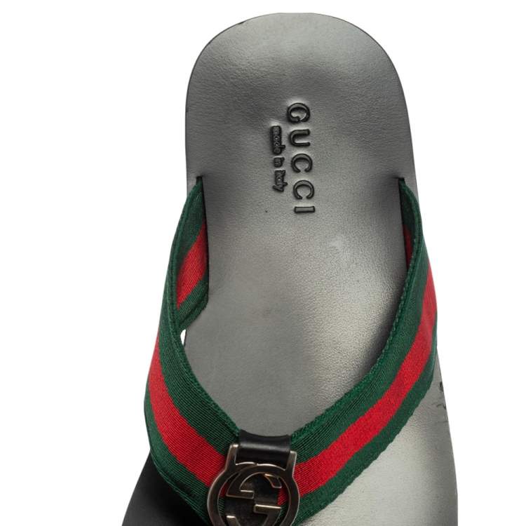 Pre Owned Gucci Black Leather And Web Strap Interlocking "GG" Thong Sandals Size 42.5