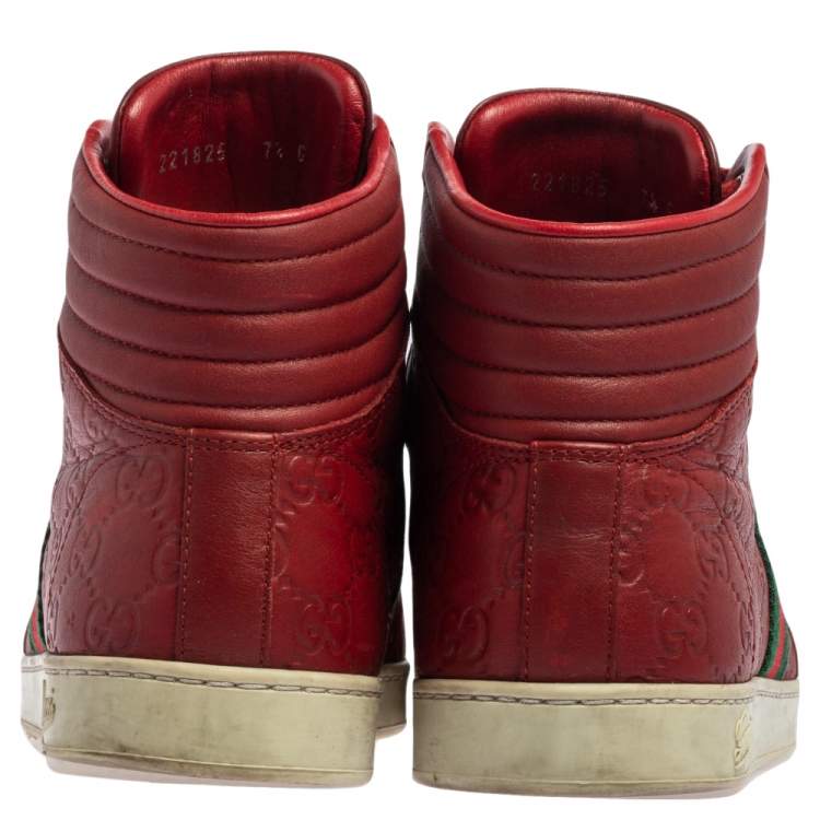 Pre Owned Gucci Red Guccissima Leather Web Detail High Top Sneakers Size 41.5
