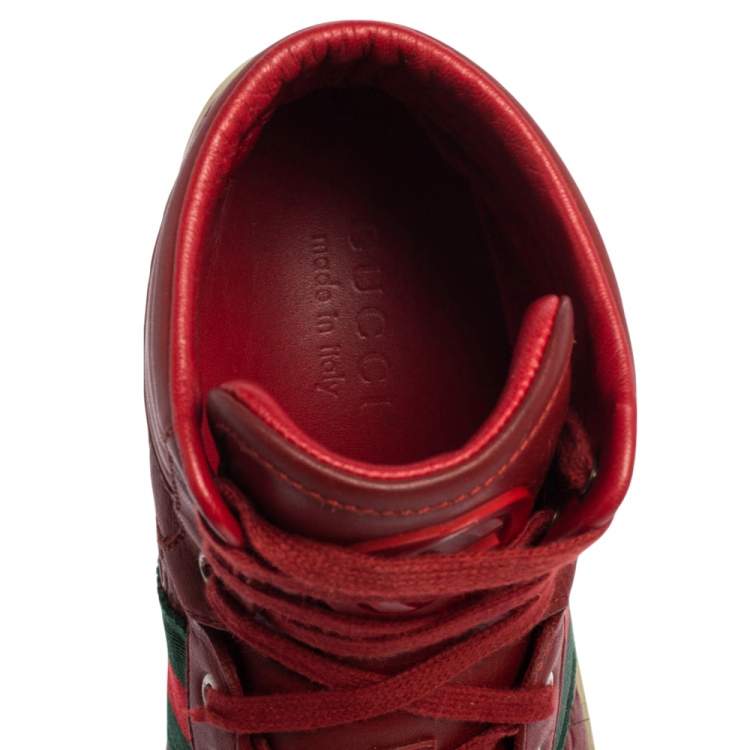 Pre Owned Gucci Red Guccissima Leather Web Detail High Top Sneakers Size 41.5