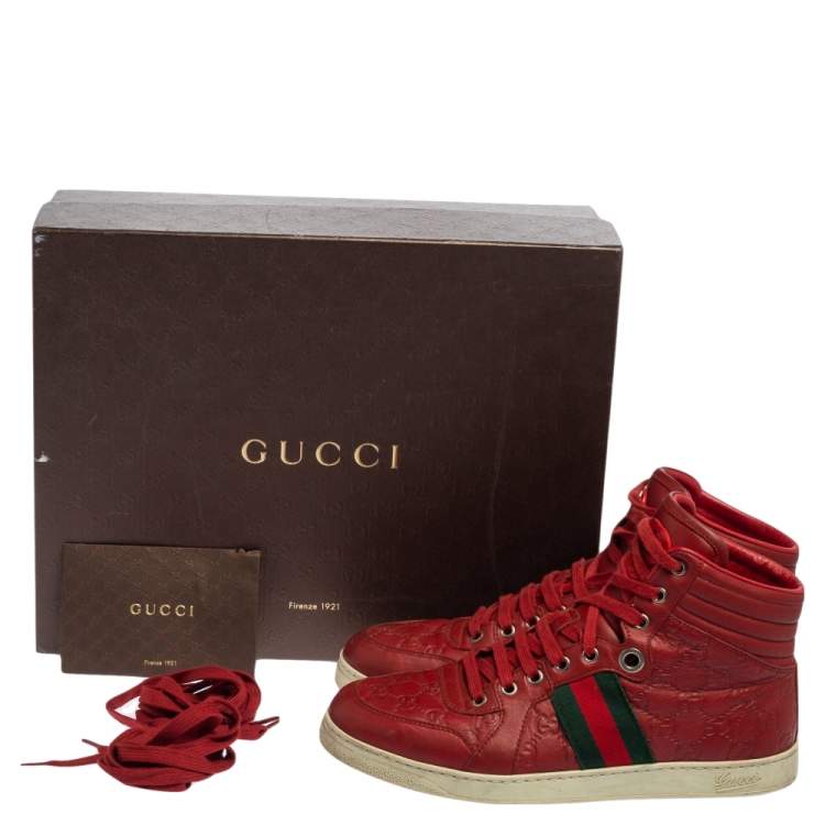 Pre Owned Gucci Red Guccissima Leather Web Detail High Top Sneakers Size 41.5