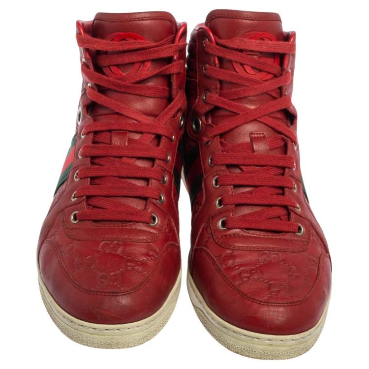Pre Owned Gucci Red Guccissima Leather Web Detail High Top Sneakers Size 41.5