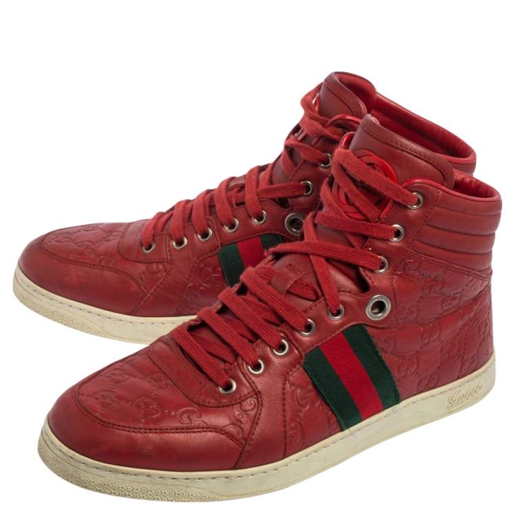 Pre Owned Gucci Red Guccissima Leather Web Detail High Top Sneakers Size 41.5