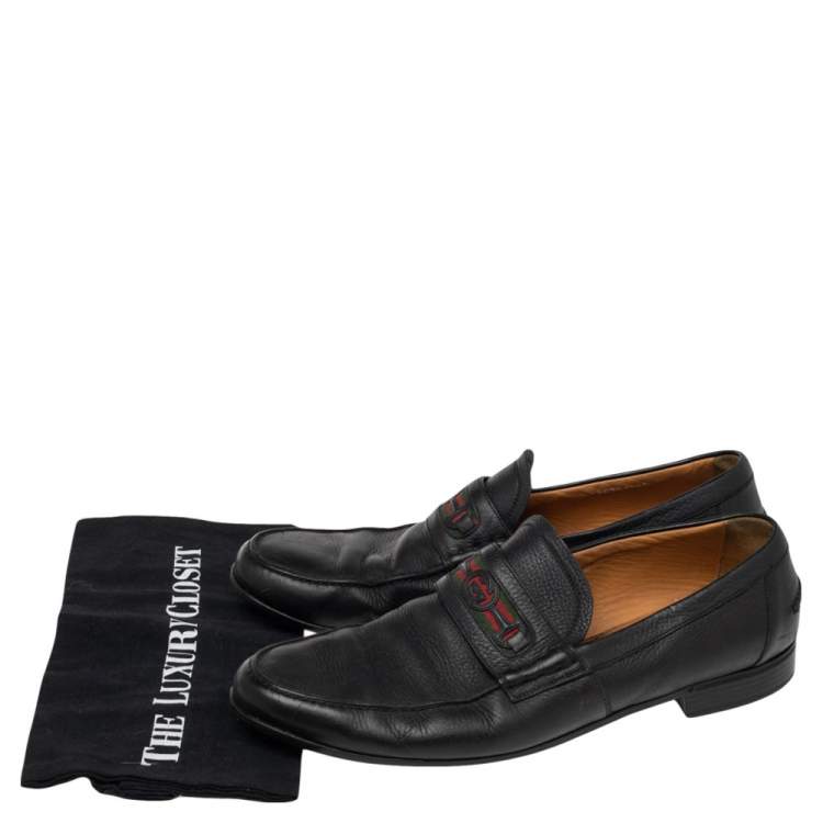 Pre Owned Gucci Black Leather Web Interlocking GG Horsebit Detail Loafers Size 44