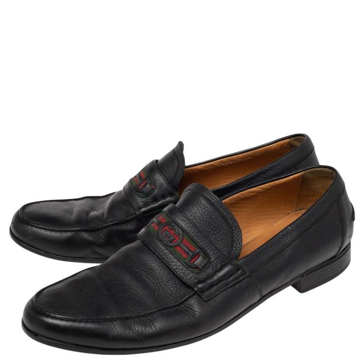Pre Owned Gucci Black Leather Web Interlocking GG Horsebit Detail Loafers Size 44