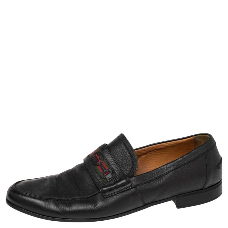 Pre Owned Gucci Black Leather Web Interlocking GG Horsebit Detail Loafers Size 44