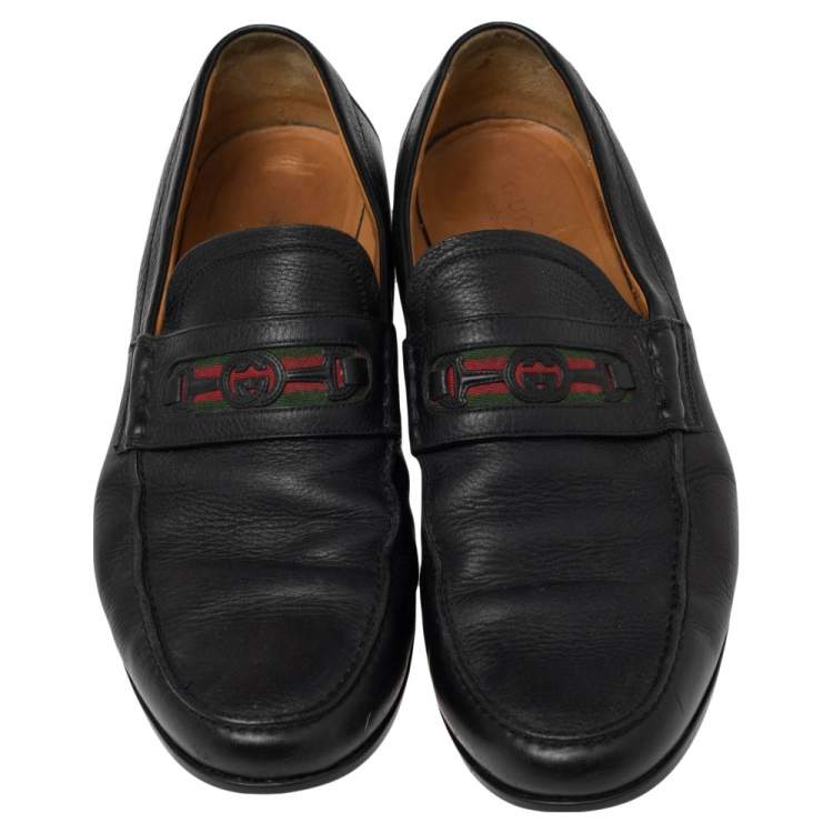 Pre Owned Gucci Black Leather Web Interlocking GG Horsebit Detail Loafers Size 44