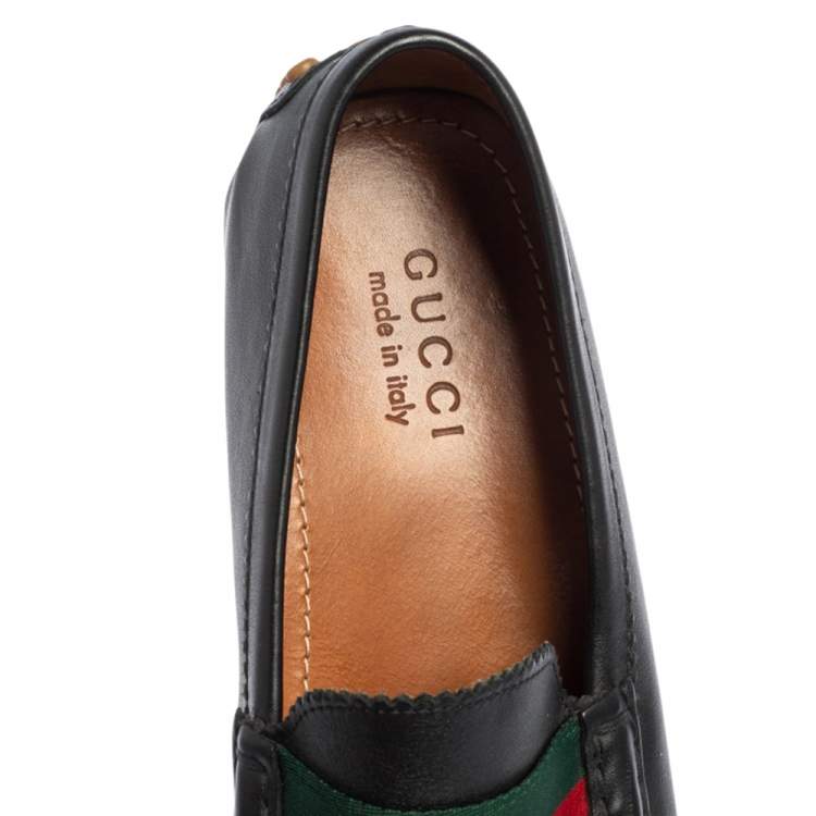 Pre Owned Gucci Black Leather Web Trim Loafers Size 42