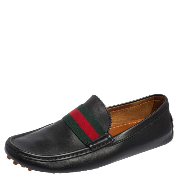 Pre Owned Gucci Black Leather Web Trim Loafers Size 42