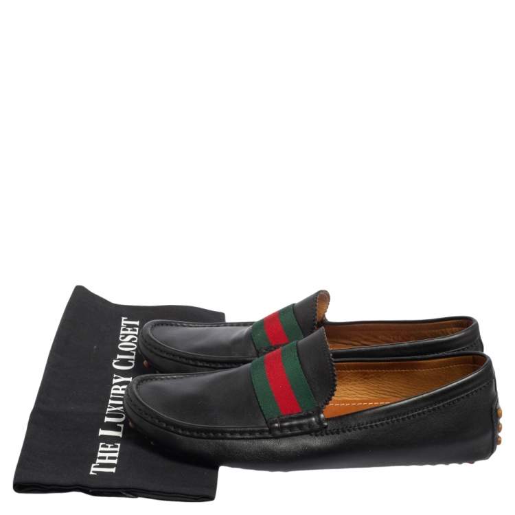 Pre Owned Gucci Black Leather Web Trim Loafers Size 42