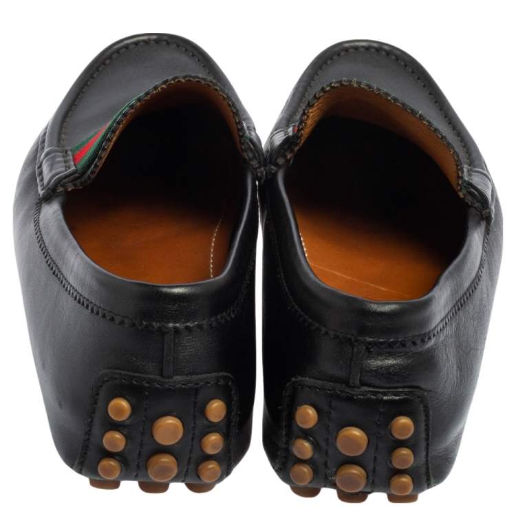 Pre Owned Gucci Black Leather Web Trim Loafers Size 42