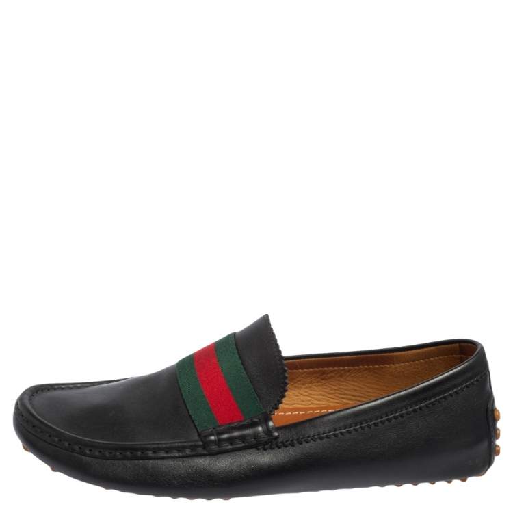 Pre Owned Gucci Black Leather Web Trim Loafers Size 42