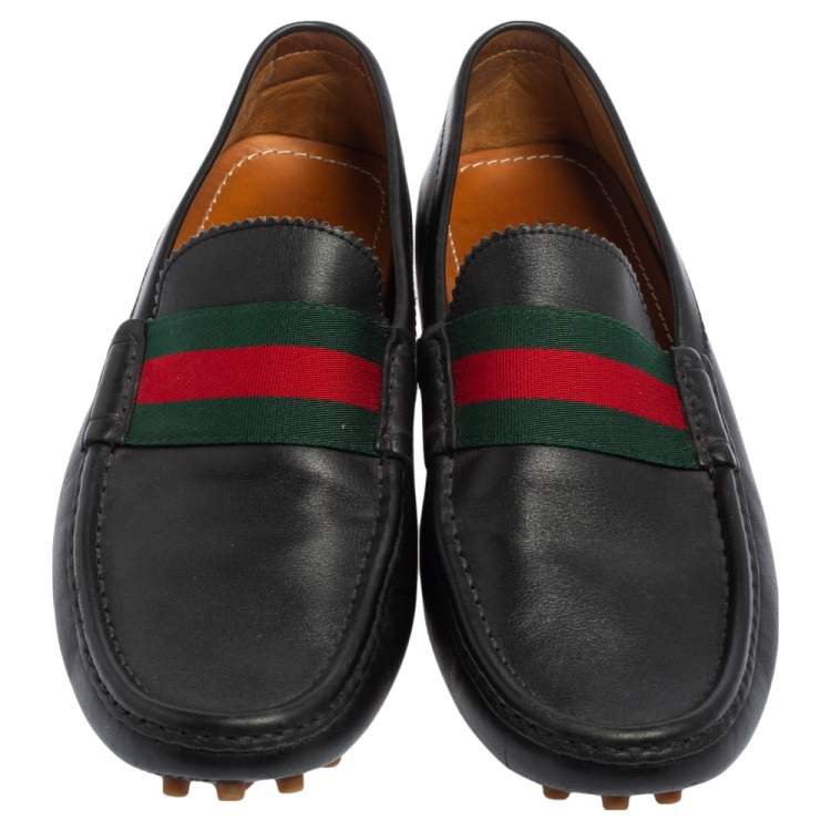 Pre Owned Gucci Black Leather Web Trim Loafers Size 42