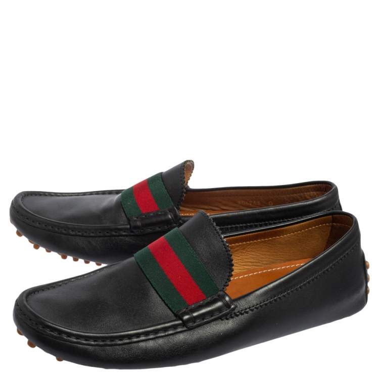 Pre Owned Gucci Black Leather Web Trim Loafers Size 42