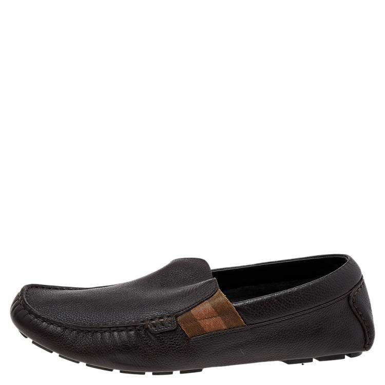 Pre Owned Gucci Brown Leather Web Slip On Loafers Size 41.5