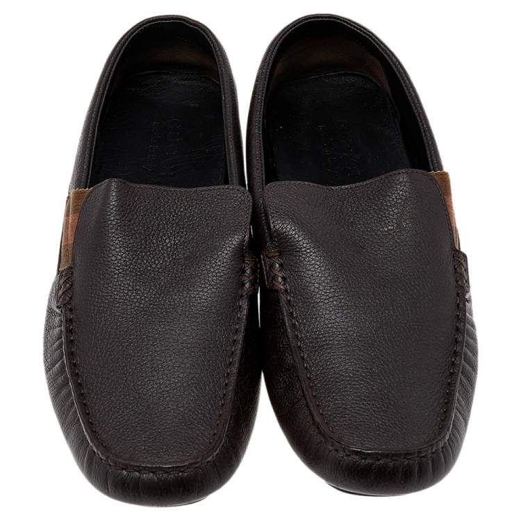 Pre Owned Gucci Brown Leather Web Slip On Loafers Size 41.5