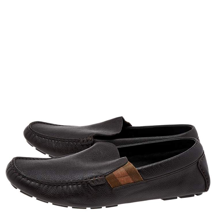 Pre Owned Gucci Brown Leather Web Slip On Loafers Size 41.5