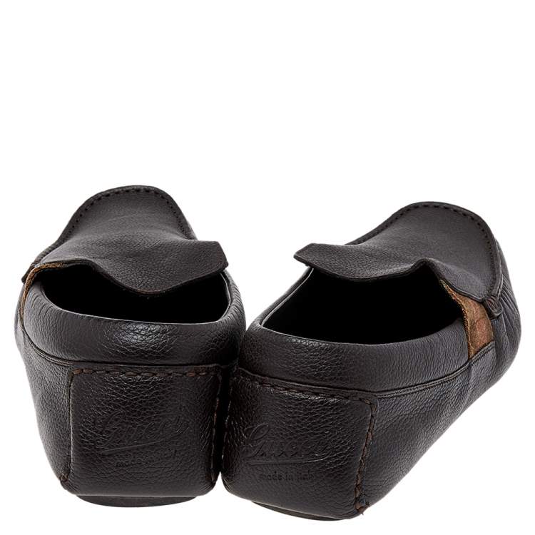 Pre Owned Gucci Brown Leather Web Slip On Loafers Size 41.5