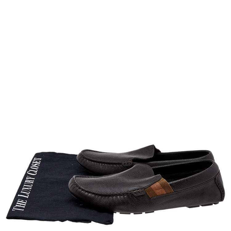 Pre Owned Gucci Brown Leather Web Slip On Loafers Size 41.5