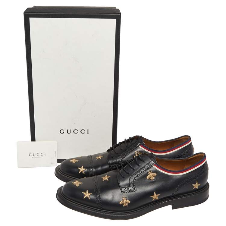 Pre Owned Gucci Black Leather Star Embroidered Lace Up Derby Size 45.5