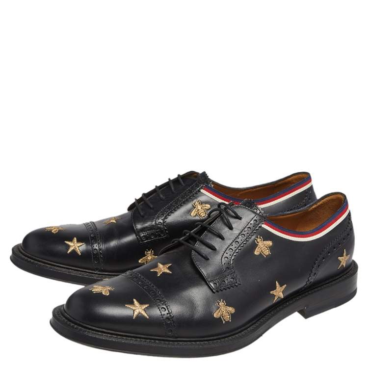 Pre Owned Gucci Black Leather Star Embroidered Lace Up Derby Size 45.5