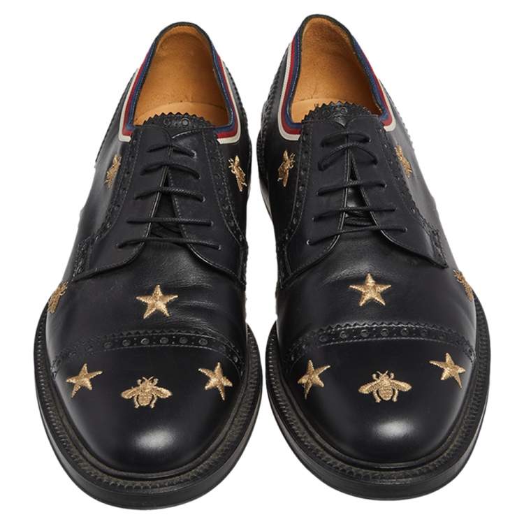 Pre Owned Gucci Black Leather Star Embroidered Lace Up Derby Size 45.5